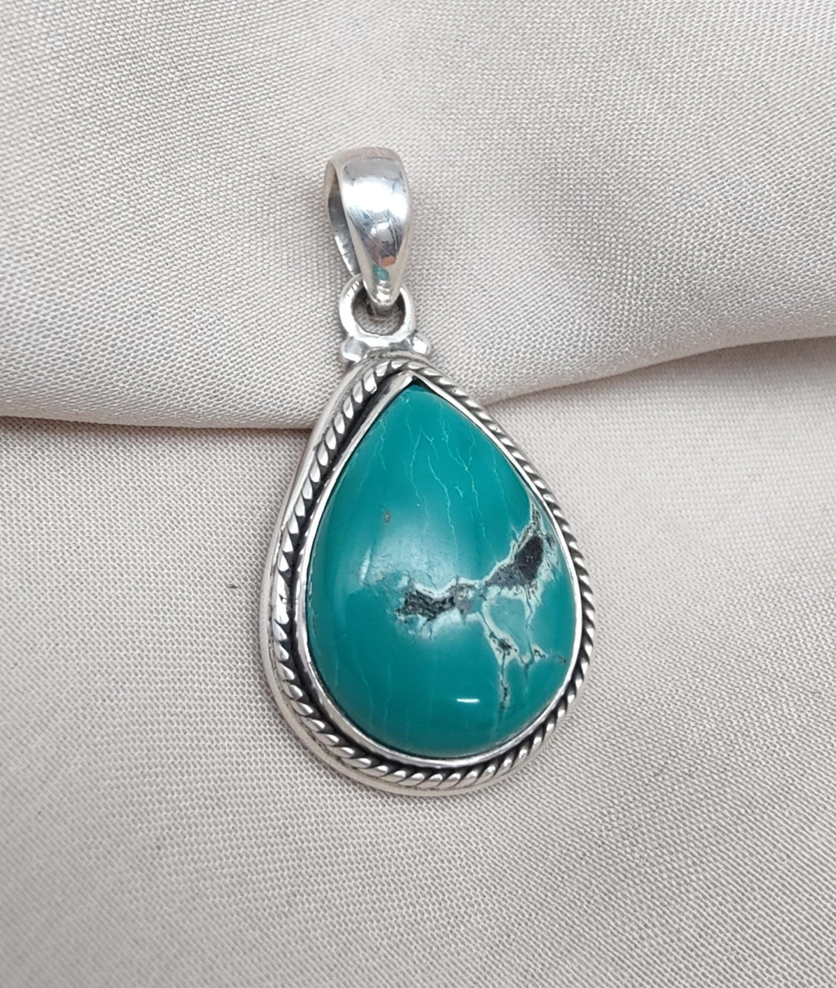 Tibetan Turquoise Pear Pendant: Sterling Silver Boho Necklace