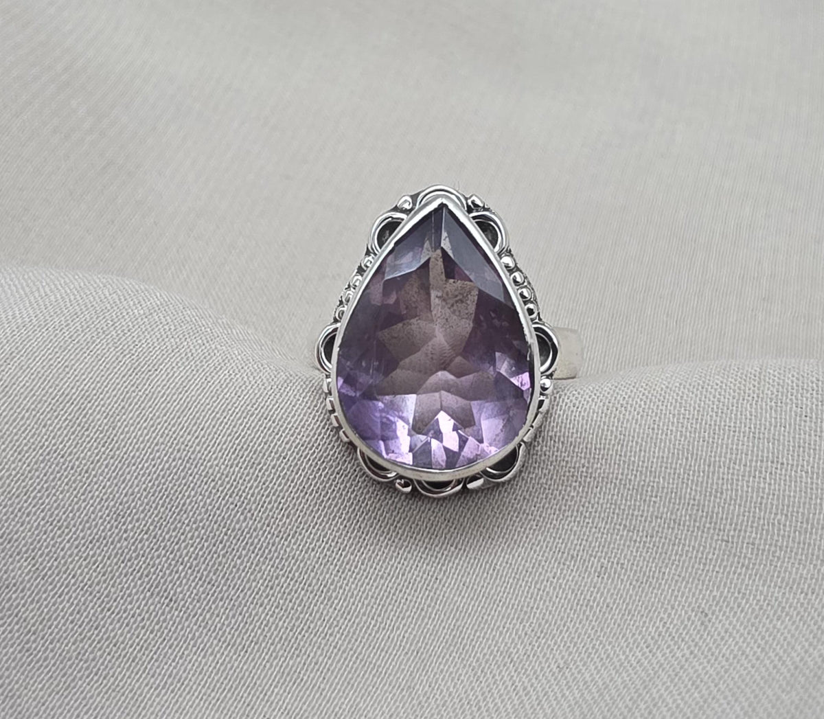 925 Sterling Silver Amethyst Ring Pear Shape Purple Gemstone Statement Ring February Birthstone