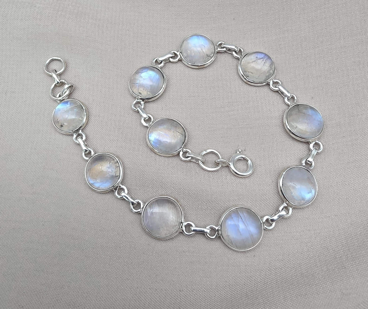 925 Sterling Silver Blue Flash Rainbow Moonstone Bracelet Natural Oval Link Jewelry