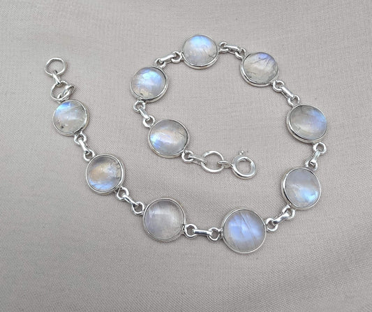 925 Sterling Silver Blue Flash Rainbow Moonstone Bracelet Natural Oval Link Jewelry