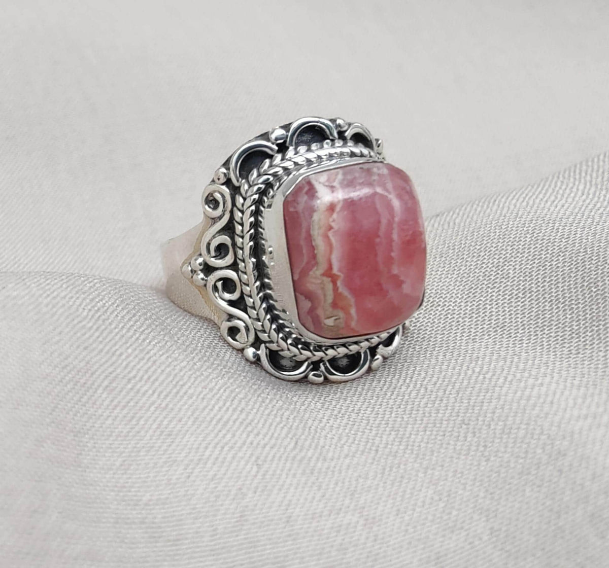 Handmade Rhodochrosite Sterling Silver Ring: Boho October Birthstone