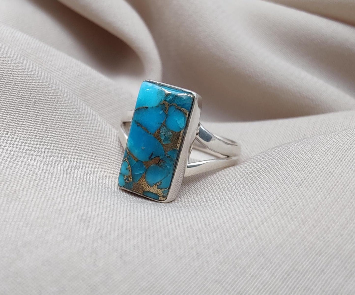 Blue Copper Turquoise 925 Sterling Silver Ring: Boho Gemstone Jewelry