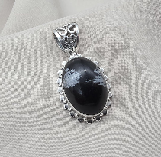 Snowflake Obsidian Pendant 925 Sterling Silver Protection Gemstone Necklace Courage Jewelry