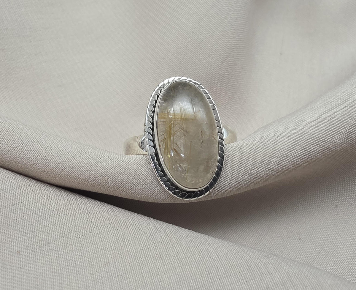 Rutilated Quartz Ring 925 Sterling Silver Oval Gemstone Ring Handmade Boho Statement Jewelry