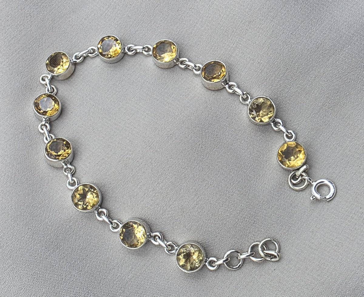 925 Sterling Silver Citrine Bracelet Natural Yellow Gemstone Link Jewelry