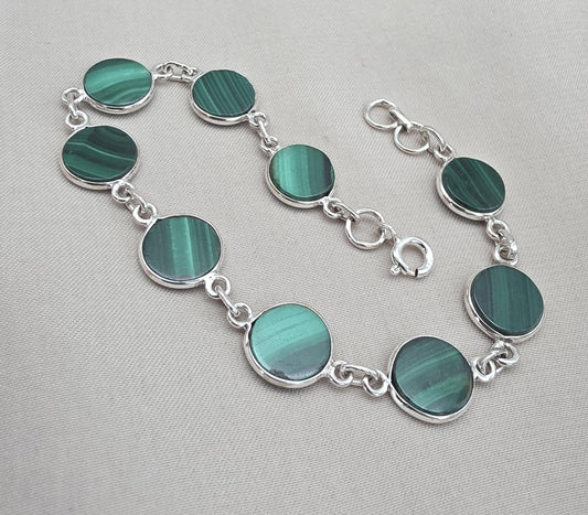 Malachite Bracelet 925 Sterling Silver Round Cabochon Green Gemstone Link Bracelet Handmade Jewelry