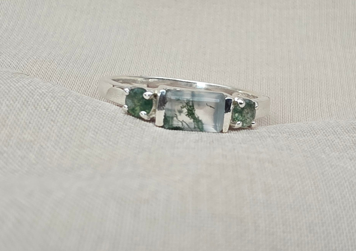 925 Sterling Silver Moss Agate Ring Three Gemstone Ring  Boho Dainty Jewelry Gift for Her