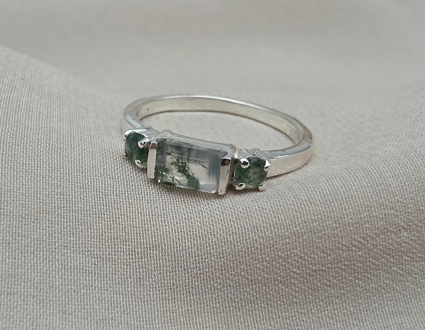 925 Sterling Silver Moss Agate Ring Three Gemstone Ring  Boho Dainty Jewelry Gift for Her