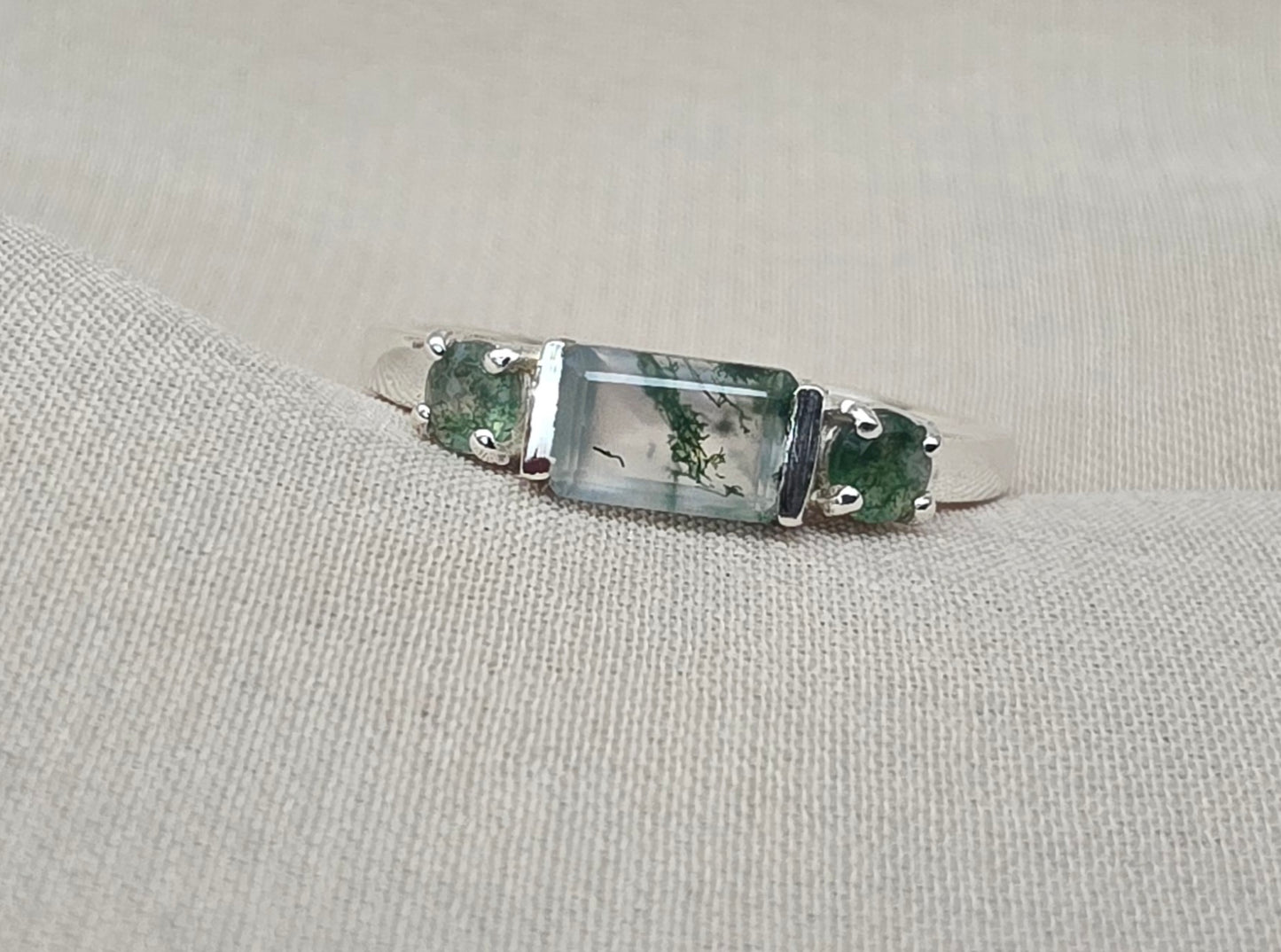 925 Sterling Silver Moss Agate Ring Three Gemstone Ring  Boho Dainty Jewelry Gift for Her