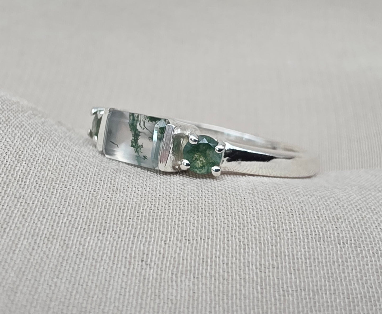 925 Sterling Silver Moss Agate Ring Three Gemstone Ring  Boho Dainty Jewelry Gift for Her