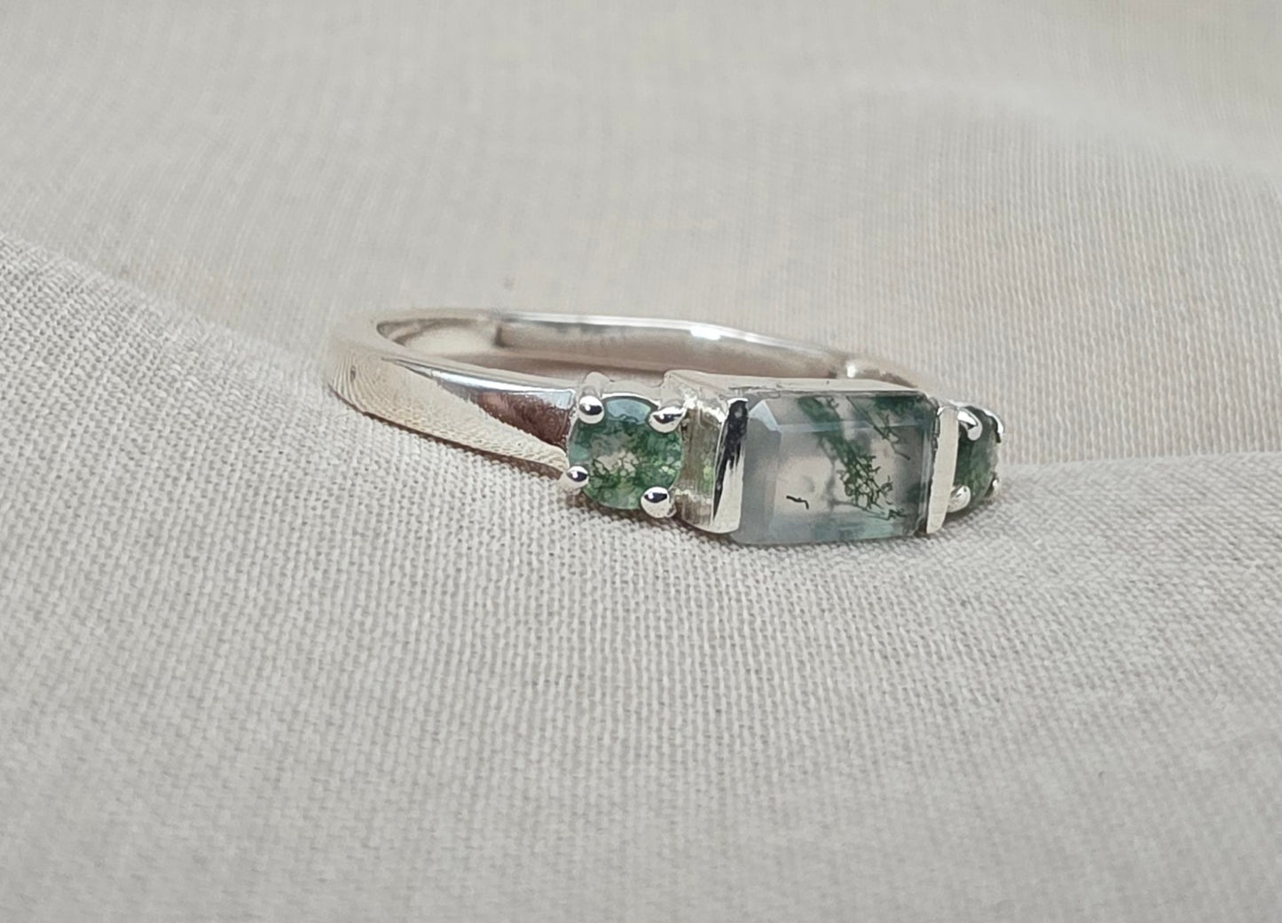 925 Sterling Silver Moss Agate Ring Three Gemstone Ring  Boho Dainty Jewelry Gift for Her