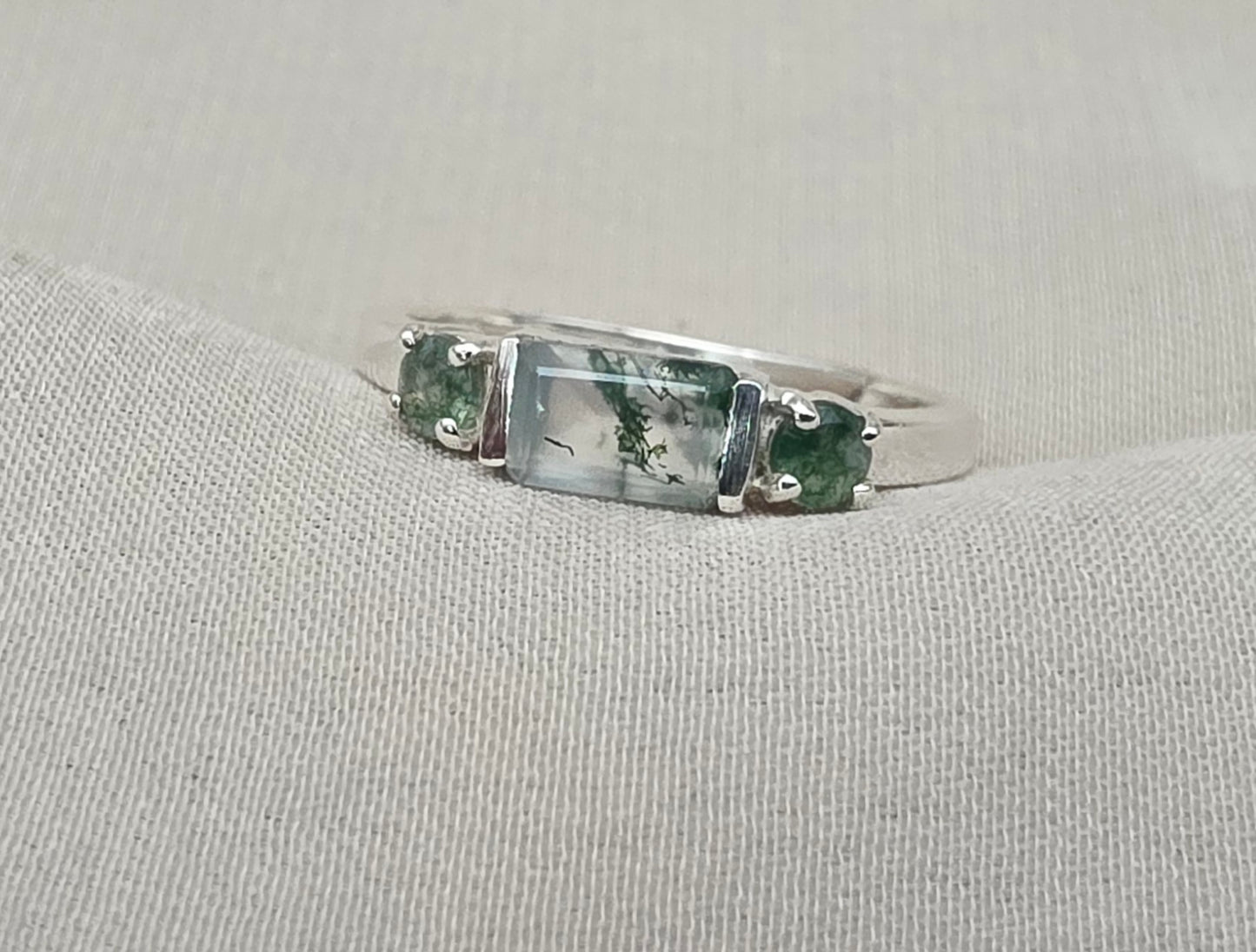 925 Sterling Silver Moss Agate Ring Three Gemstone Ring  Boho Dainty Jewelry Gift for Her