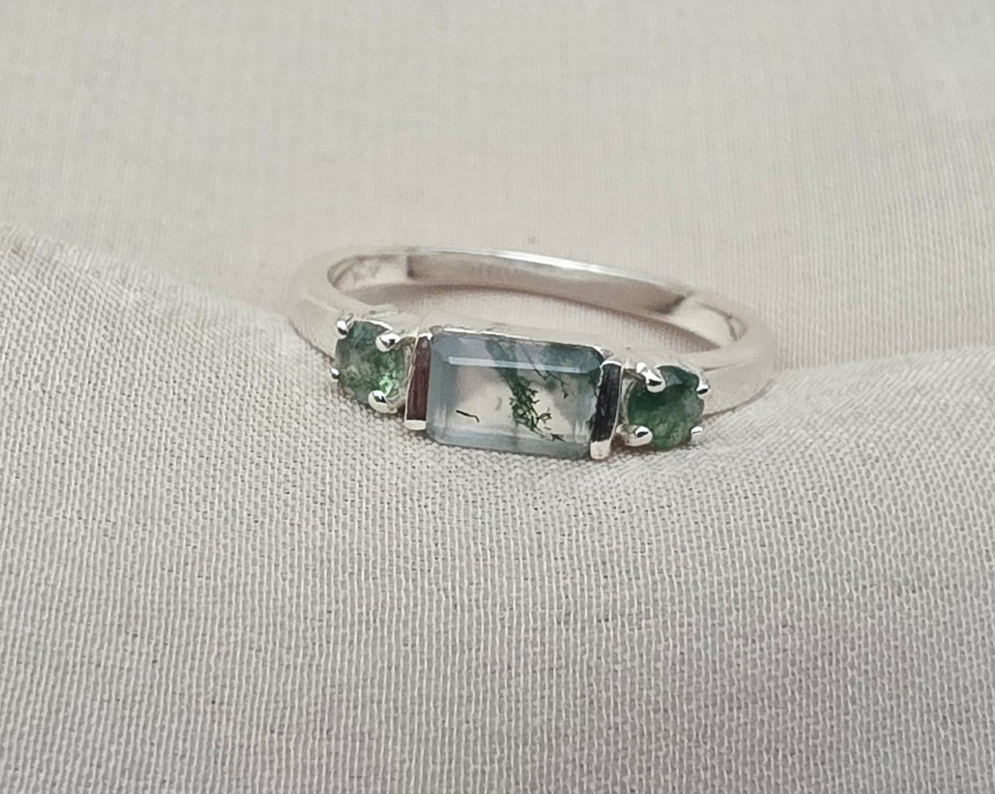 925 Sterling Silver Moss Agate Ring Three Gemstone Ring  Boho Dainty Jewelry Gift for Her