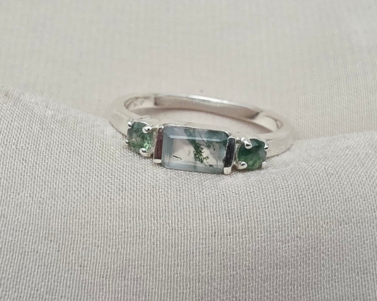 925 Sterling Silver Moss Agate Ring Three Gemstone Ring  Boho Dainty Jewelry Gift for Her