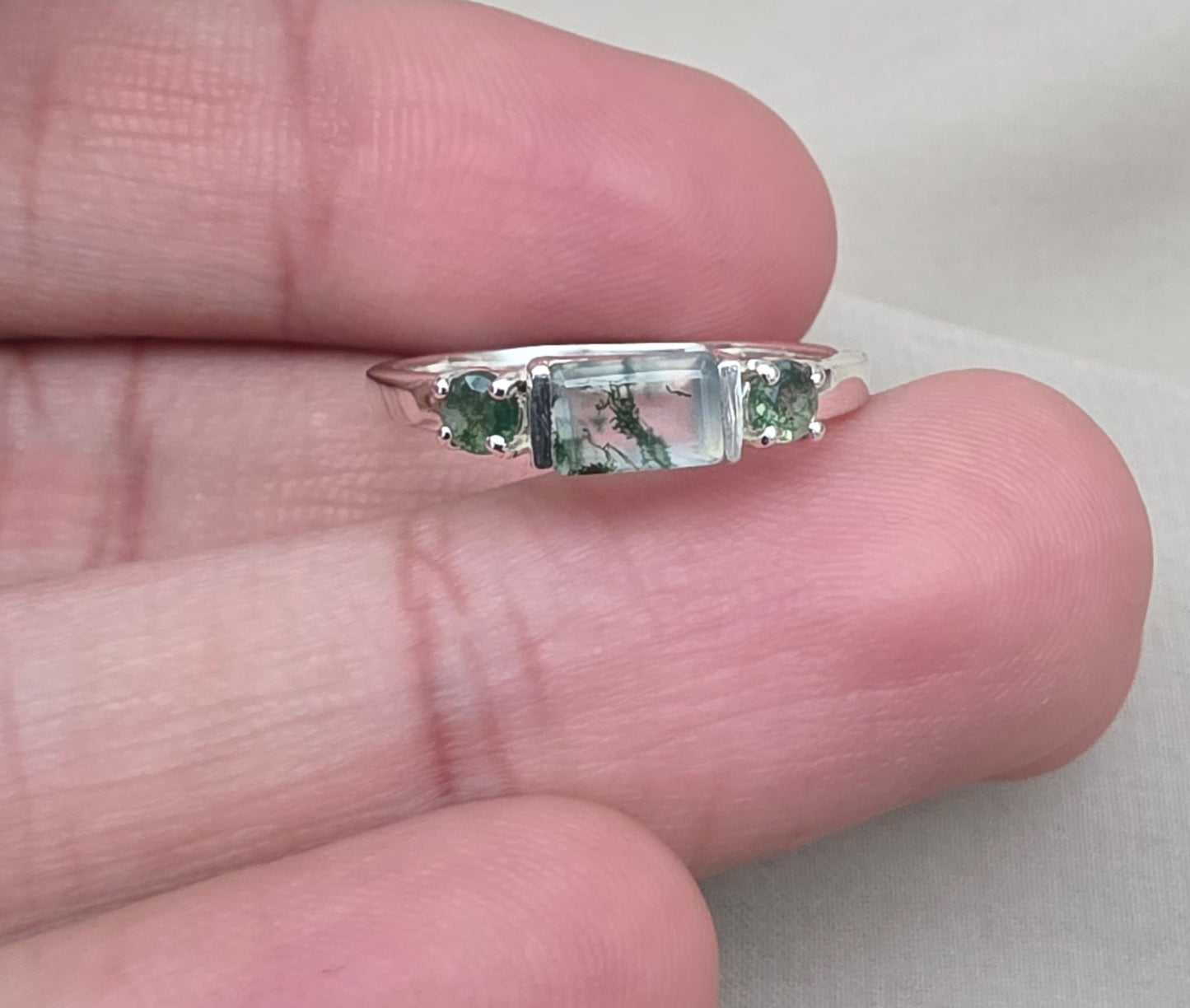 925 Sterling Silver Moss Agate Ring Three Gemstone Ring  Boho Dainty Jewelry Gift for Her