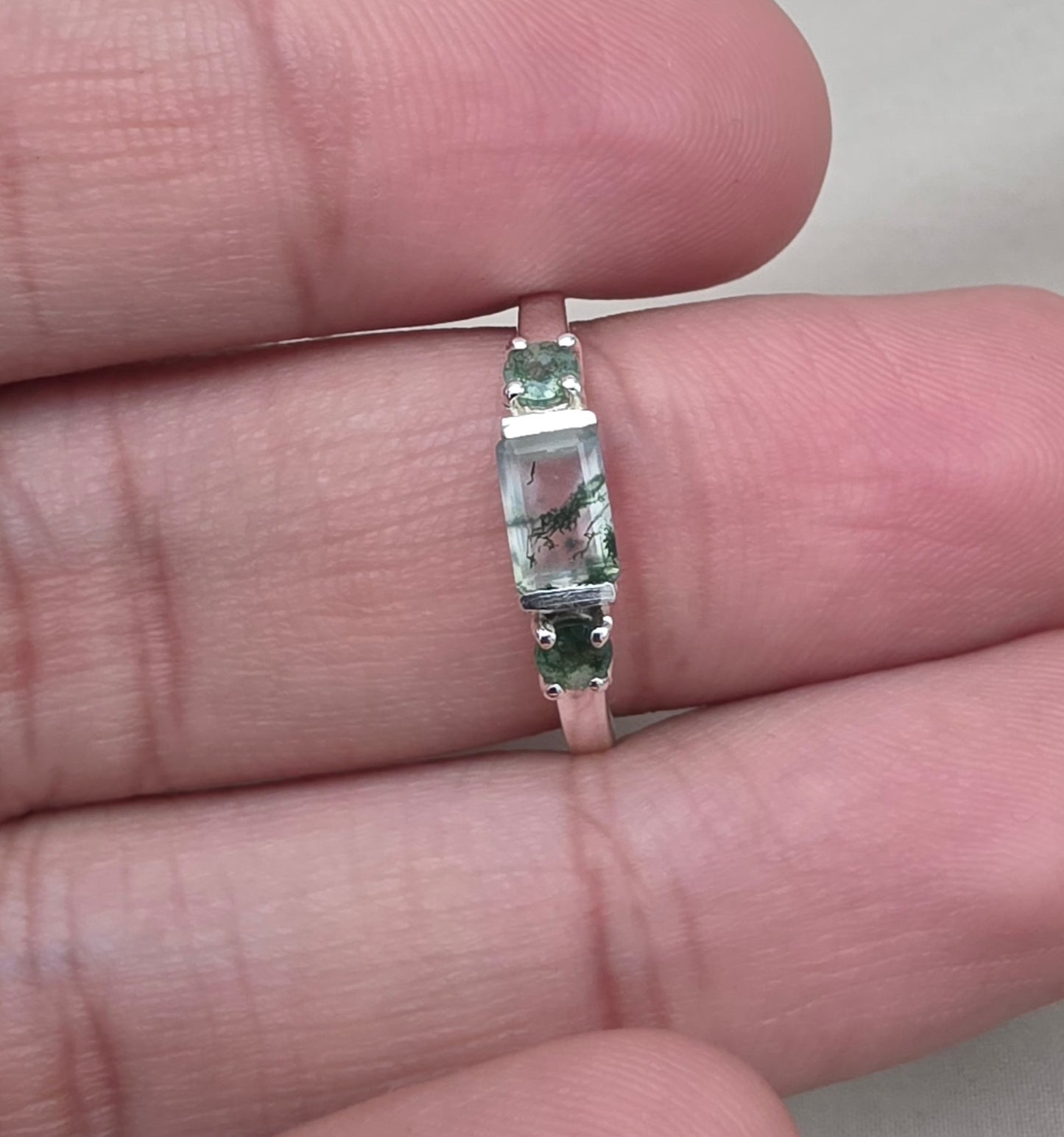925 Sterling Silver Moss Agate Ring Three Gemstone Ring  Boho Dainty Jewelry Gift for Her