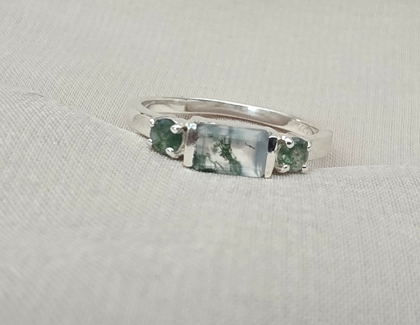 925 Sterling Silver Moss Agate Ring Three Gemstone Ring  Boho Dainty Jewelry Gift for Her