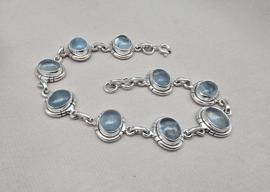 925 Sterling Silver Aqua Milky Gemstone Bracelet Natural Blue Cabochon Handmade Jewelry