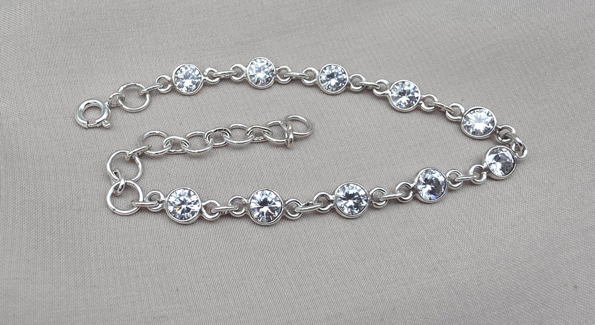 925 Sterling Silver Zircon Bracelet Minimal Sparkle Round Link Jewelry