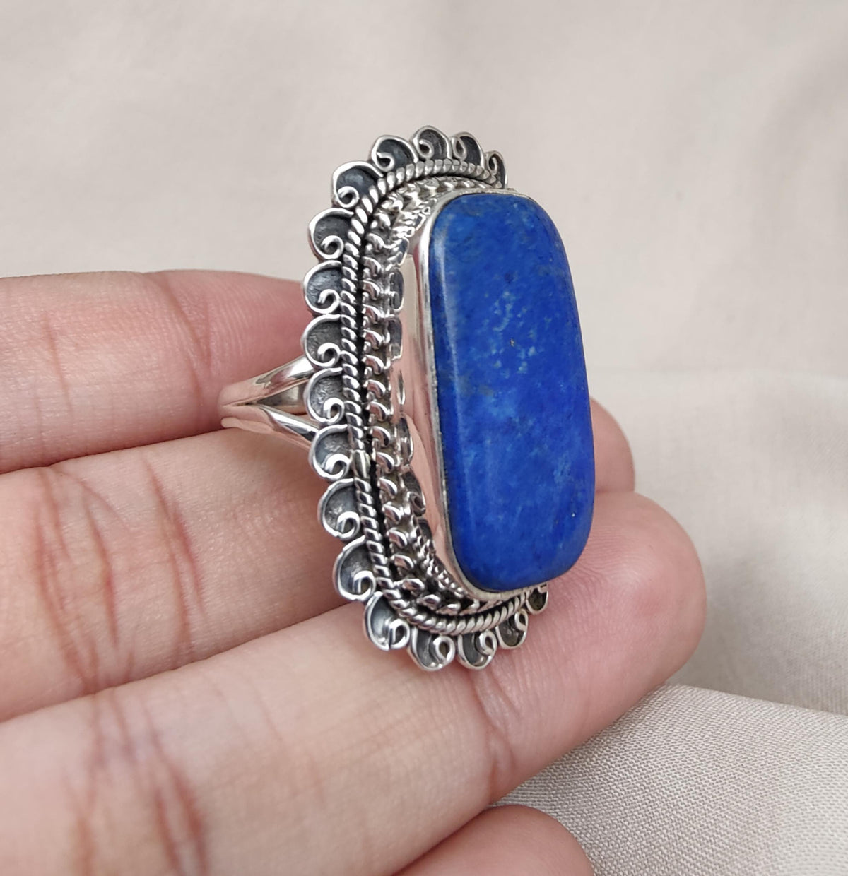 Natural Lapis Lazuli 925 Sterling Silver Ring: Boho September Birthstone Handmade
