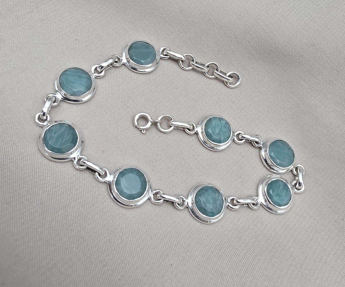 925 Sterling Silver Amazonite Bracelet Aqua Blue Gemstone Boho Vintage Bracelet for Women