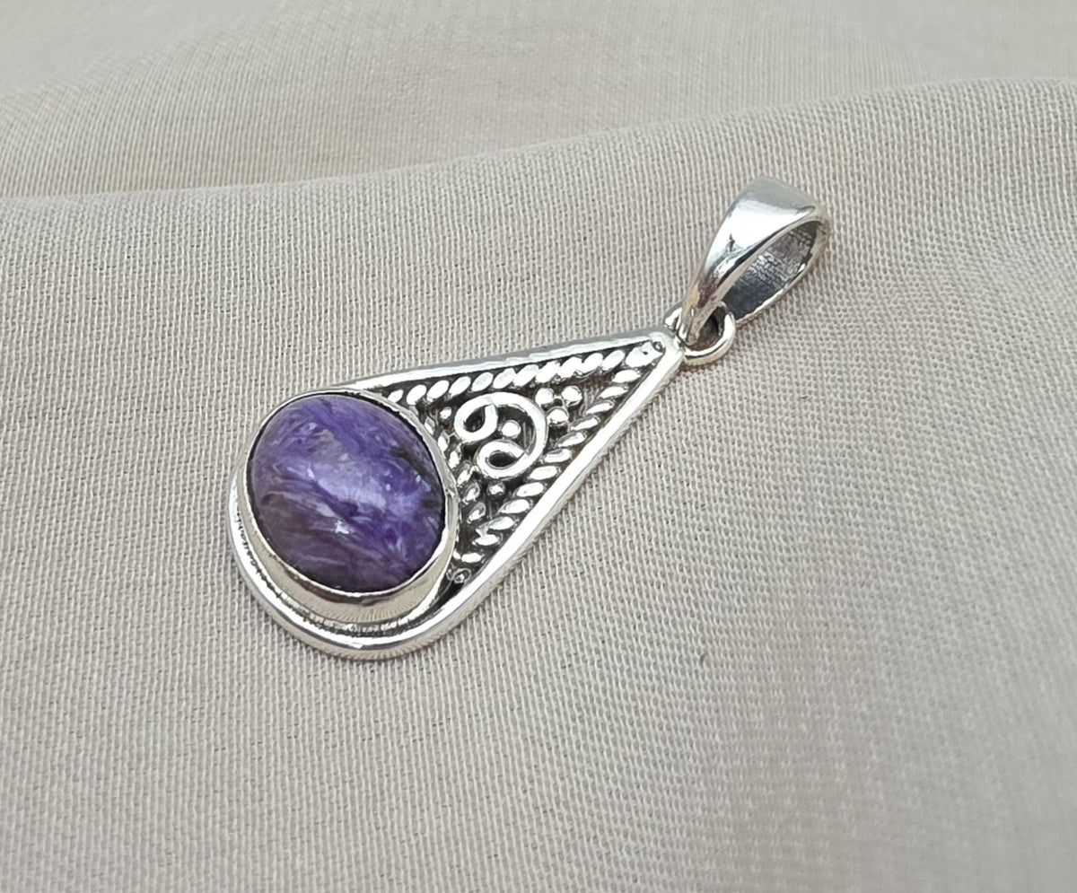 Handmade Charoite 925 Sterling Silver Pendant: Purple Gemstone Boho Necklace