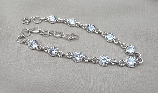 925 Sterling Silver Zircon Bracelet Minimal Sparkle Round Link Jewelry
