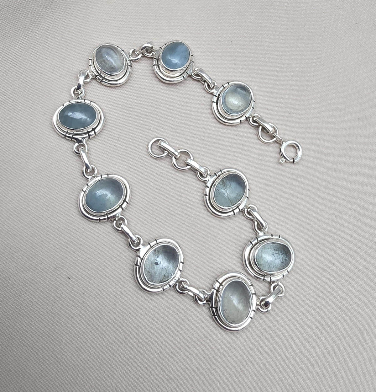925 Sterling Silver Aqua Milky Gemstone Bracelet Natural Blue Cabochon Handmade Jewelry