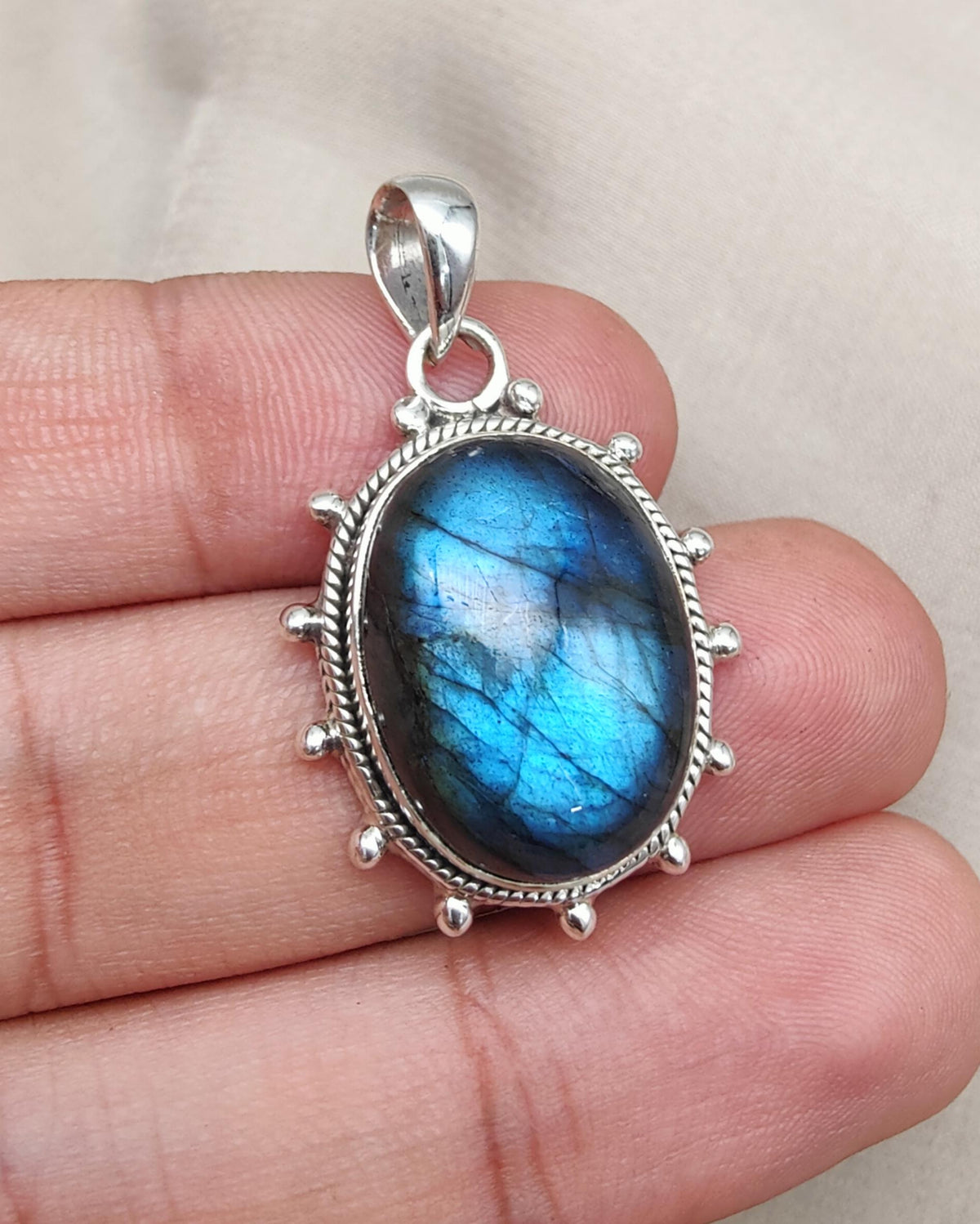Blue Flash Labradorite 925 Sterling Silver Pendant Boho Necklace