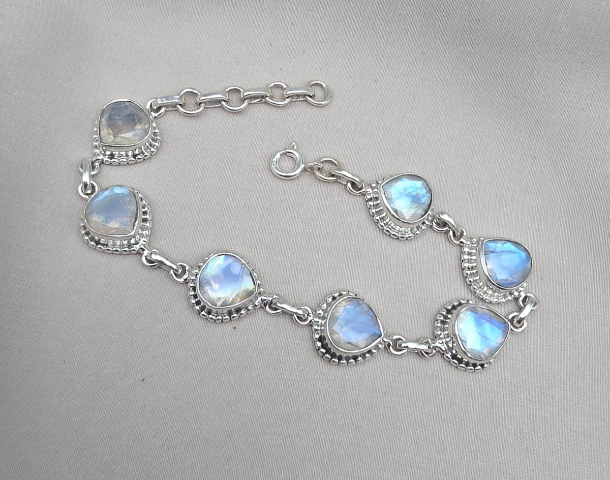 Rainbow Moonstone 925 Sterling Silver Bracelet Natural Handmade