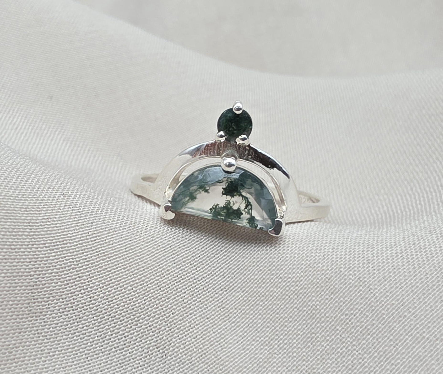 Moss Agate Ring 925 Silver Dual Stone Statement Ring Nature Gemstone