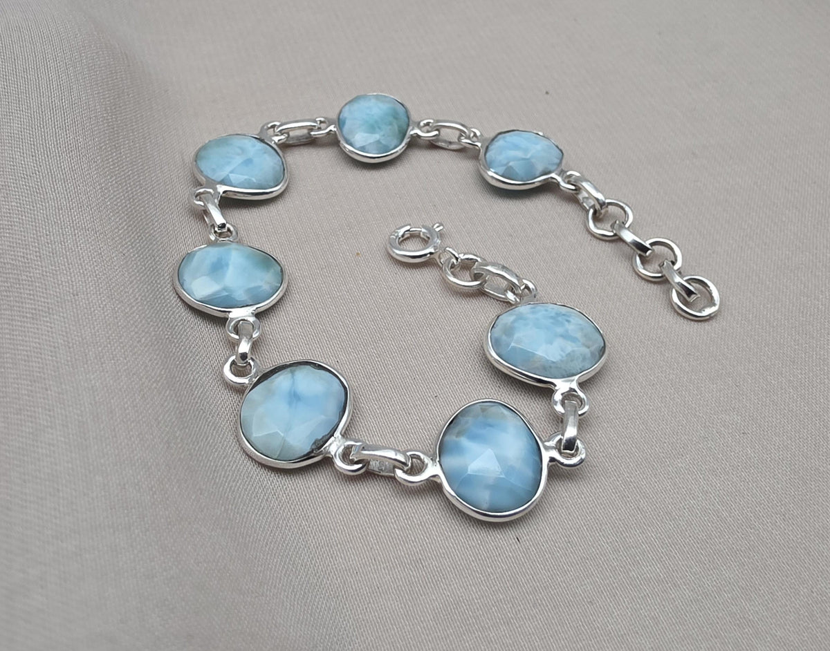 Natural Larimar Handmade  Bracelet : 925 Sterling Silver Blue Gemstone Adjustable Bracelet