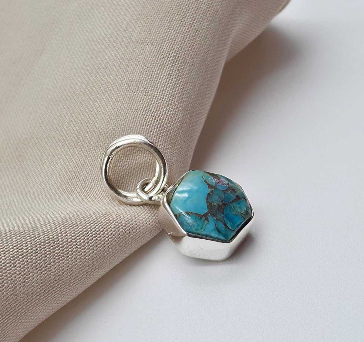 925 Sterling Silver Blue Copper Turquoise Hexagon Pendant Handmade Jewelry