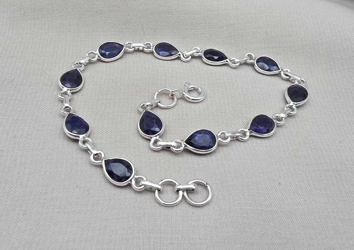 925 Sterling Silver Sapphire Bracelet Natural Blue Gemstone Pear Link Jewelry