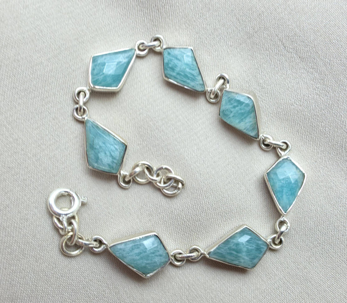 925 Sterling Silver Amazonite Bracelet Geometric Link Bracelet Blue Gemstone Jewelry