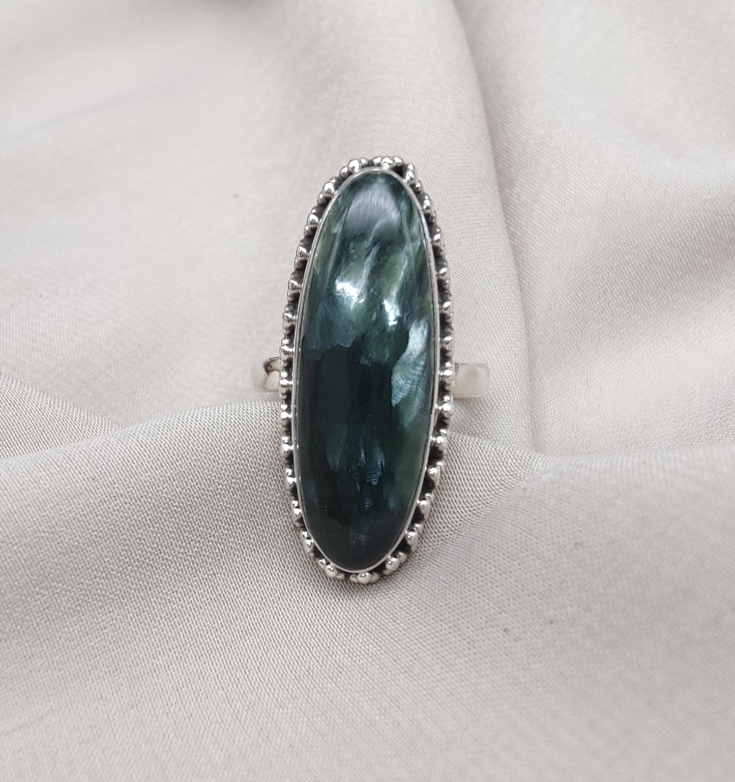 Seraphinite 925 Sterling Silver Ring Handmade Boho Vintage Statement Jewelry