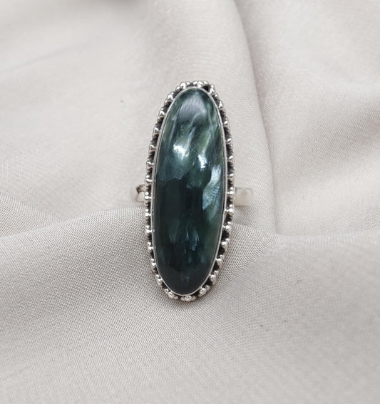 Seraphinite 925 Sterling Silver Ring Handmade Boho Vintage Statement Jewelry
