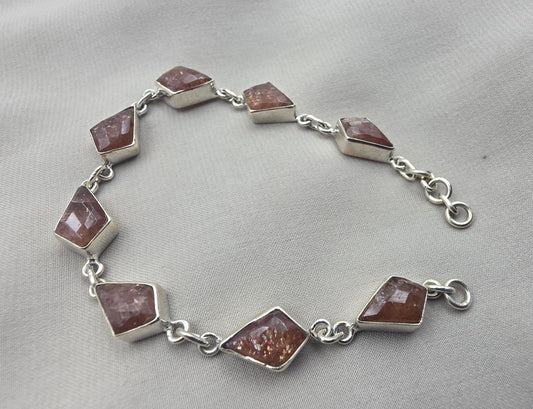 925 Sterling Silver Natural Sunstone Bracelet Handmade Gemstone Link Jewelry