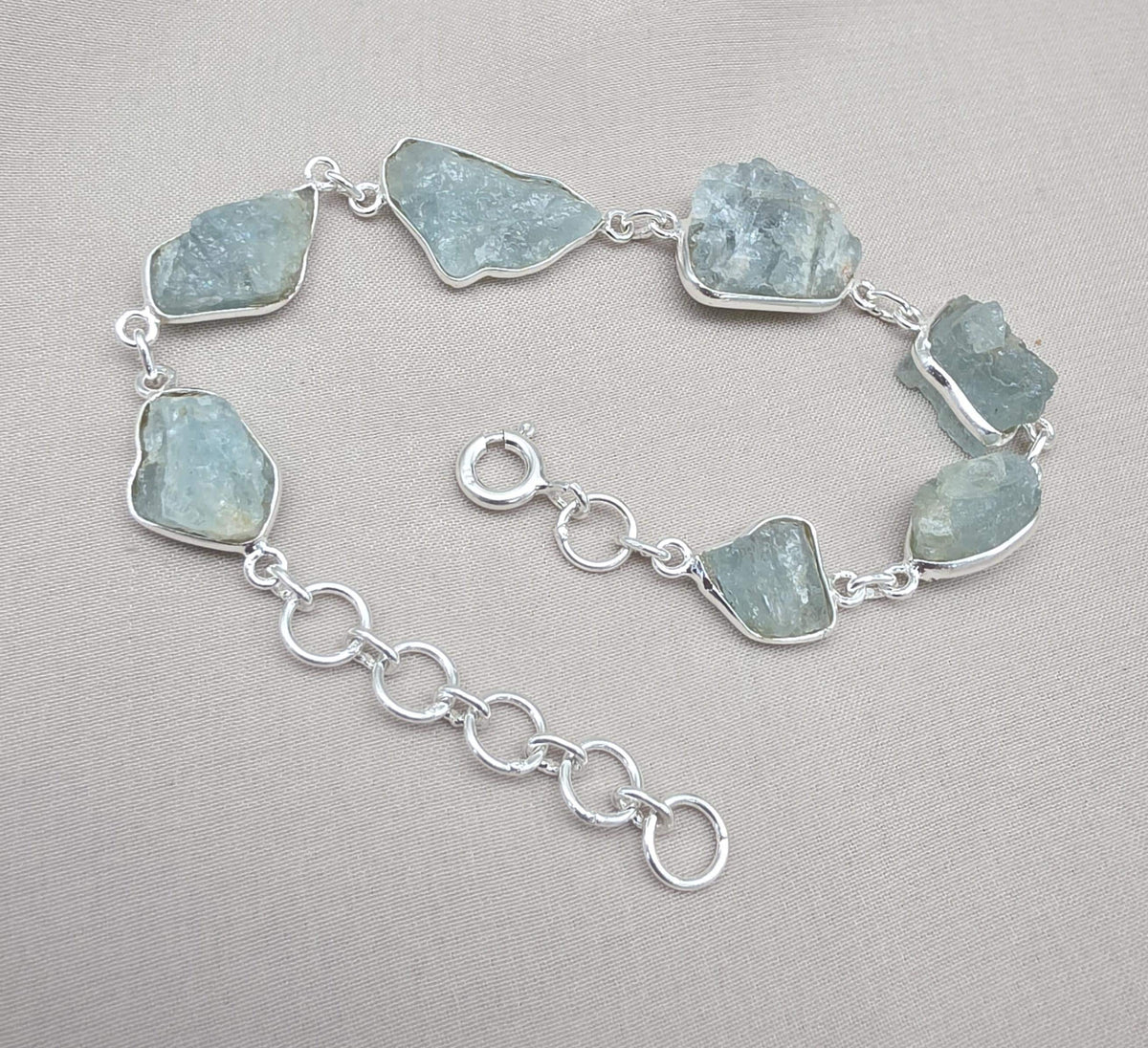Raw Aquamarine Bracelet in 925 Sterling Silver Natural Blue Gemstone Jewelry