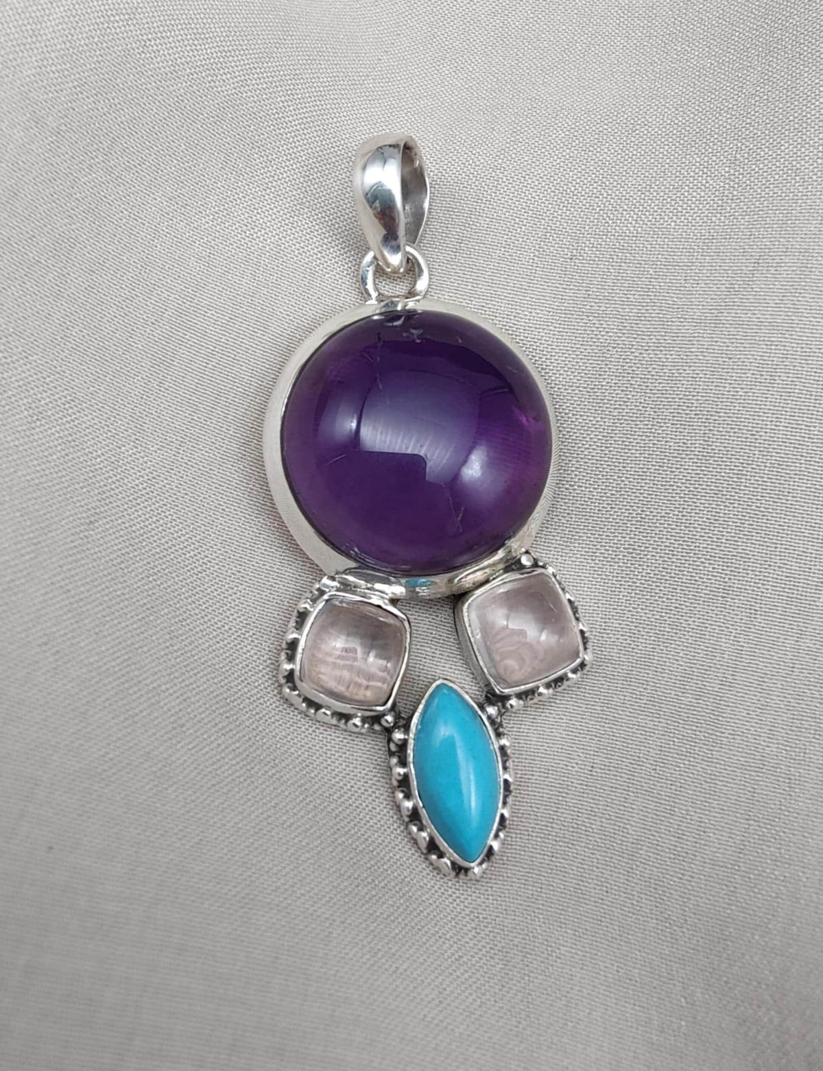Amethyst Rose Quartz Turquoise Pendant: 925 Silver Healing Crystal Boho Necklace