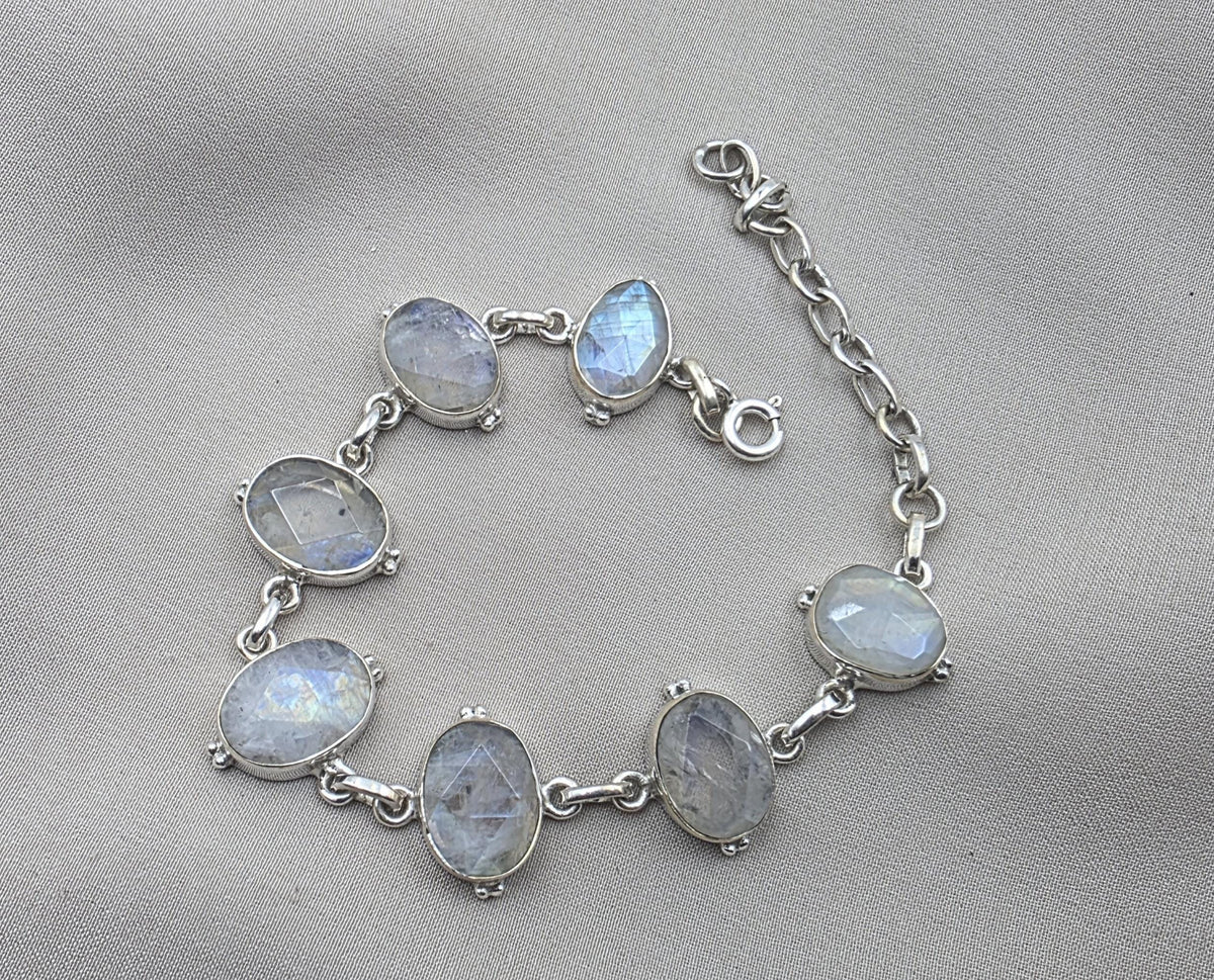 Rainbow Moonstone 925 Sterling Silver Bracelet Natural Oval Link Jewelry