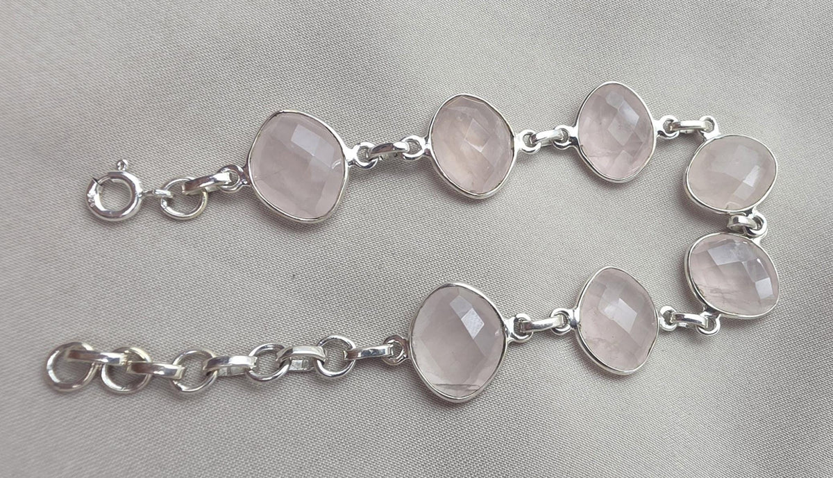 925 Sterling Silver Rose Quartz Natural Gemstone Link Bracelet Handmade Jewelry Gift for Her