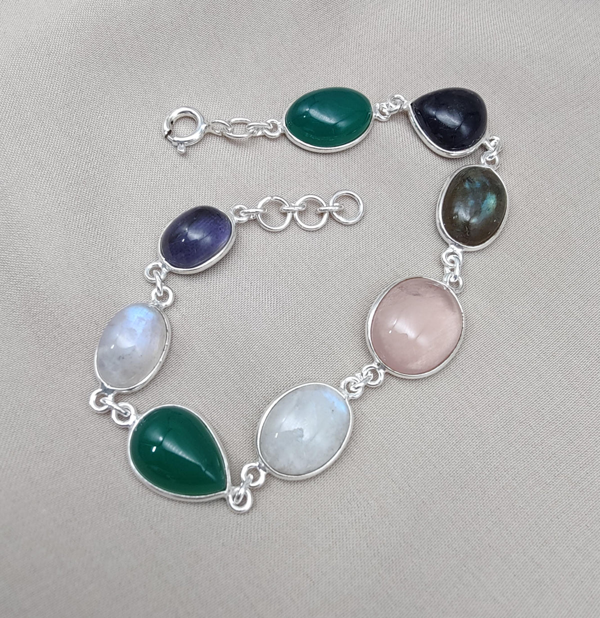 925 Sterling Silver Multi Gemstone Bracelet: Handmade Chakra Healing Crystal Jewelry