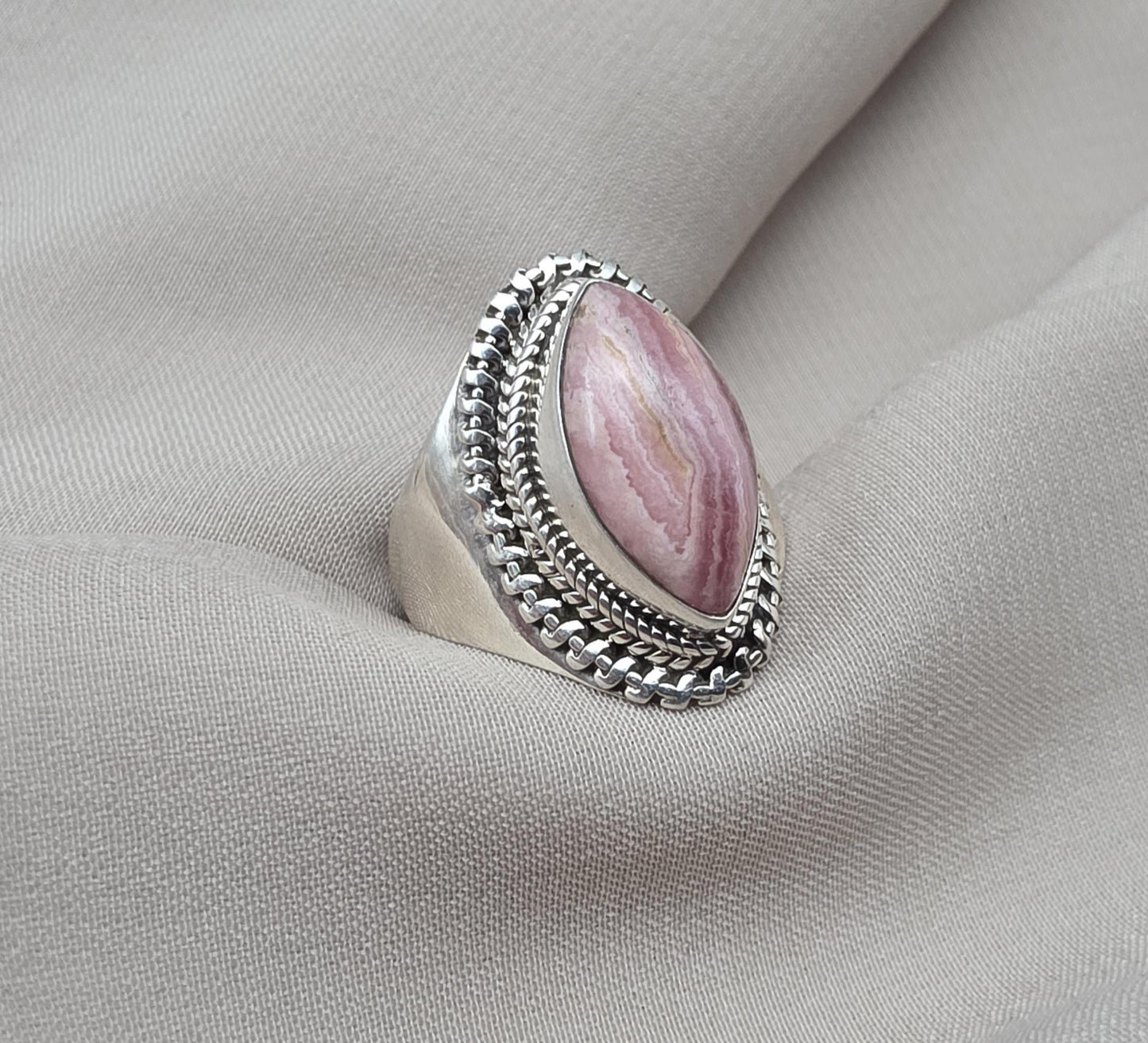 Rhodochrosite 925 Sterling Silver Ring Marquise Gemstone Boho Statement Ring Crystal Jewelry