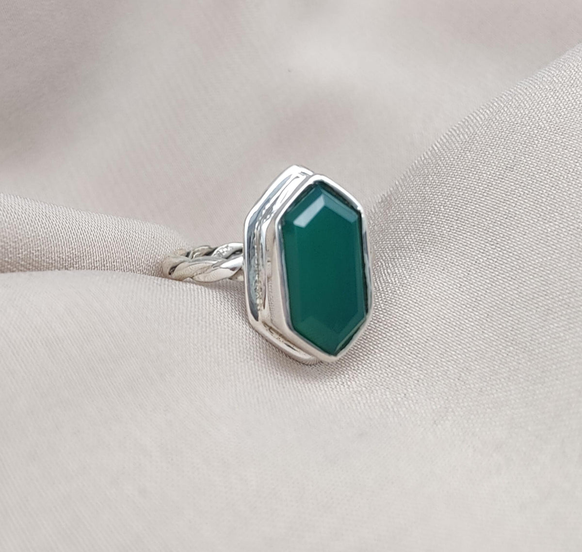 Green Onyx Hexagon Ring: 925 Sterling Silver, Handmade Jewelry