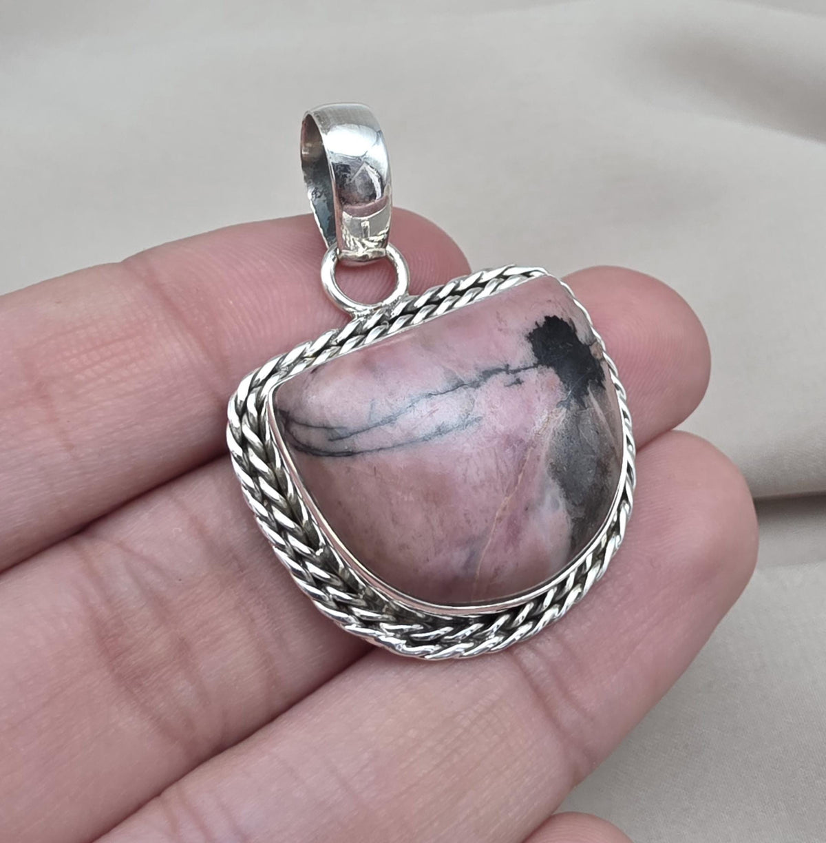 Rhodonite Pendant 925 Sterling Silver Pink and Black Healing Stone Necklace Crystal Jewelry