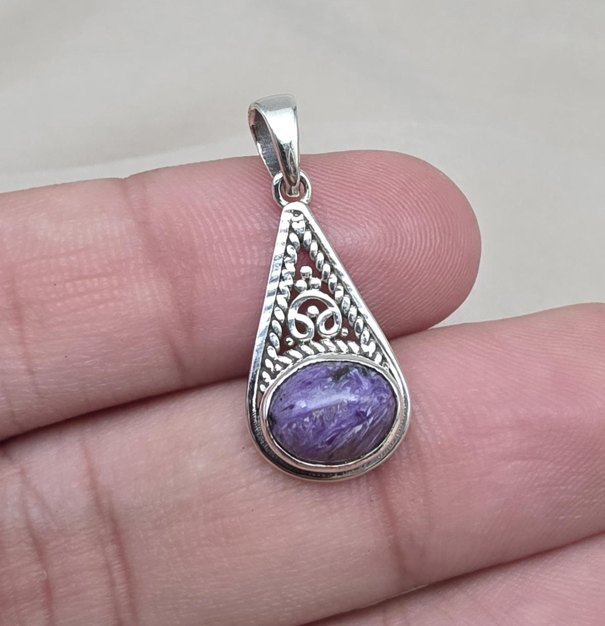 Handmade Charoite 925 Sterling Silver Pendant: Purple Gemstone Boho Necklace