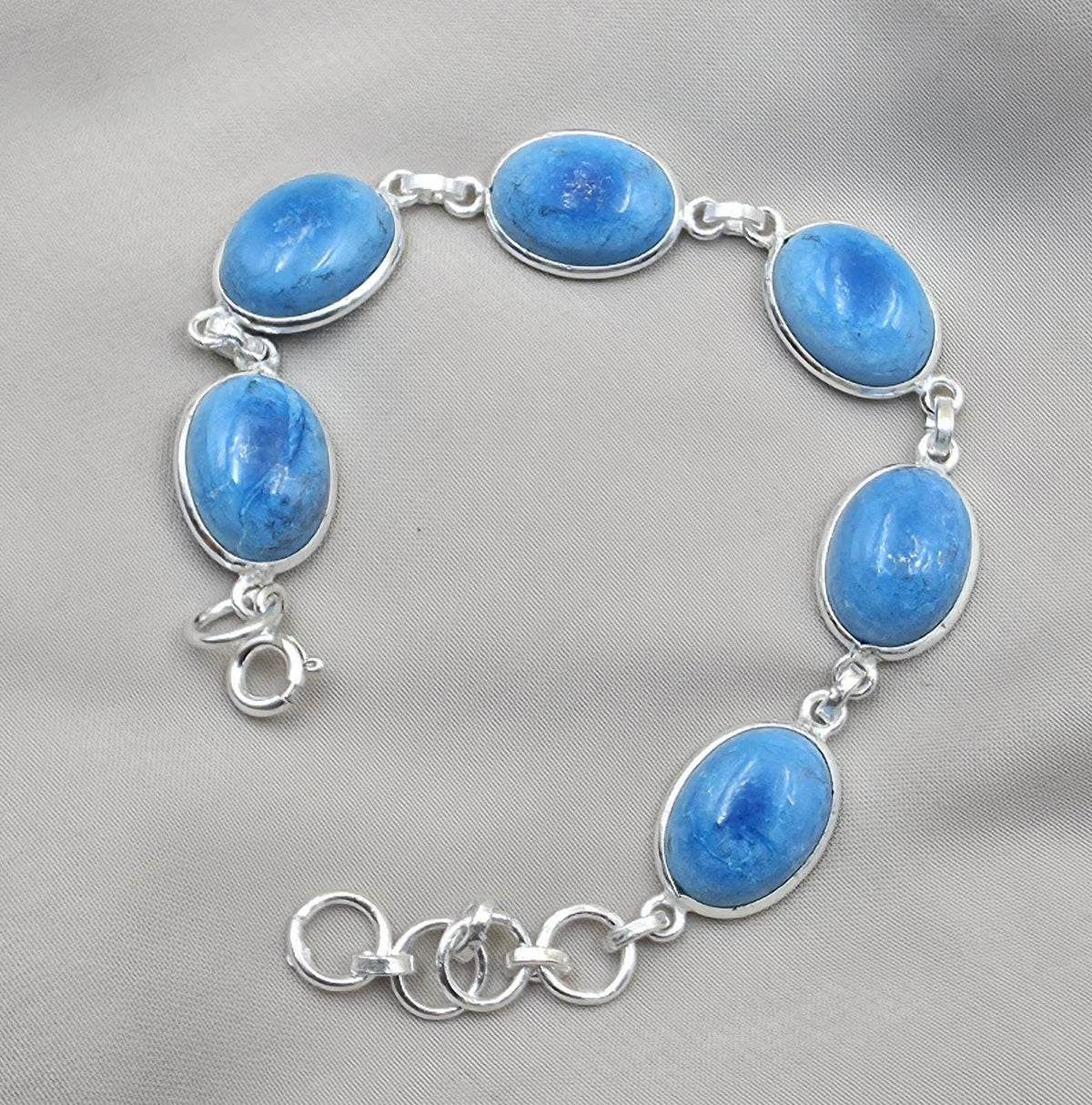 925 Sterling Silver Larimar Bracelet Natural Blue Gemstone Oval Link Jewelry