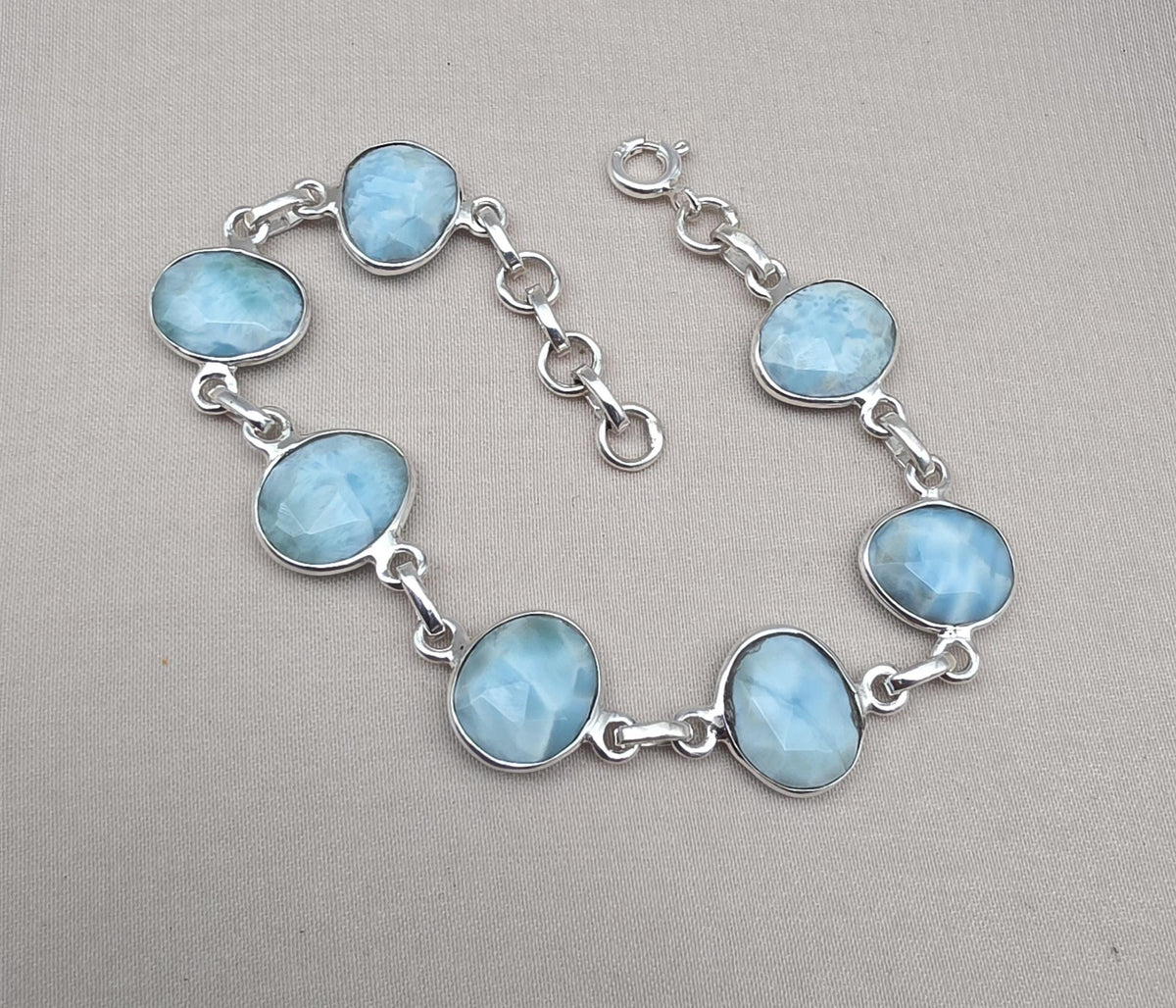 Natural Larimar Handmade  Bracelet : 925 Sterling Silver Blue Gemstone Adjustable Bracelet
