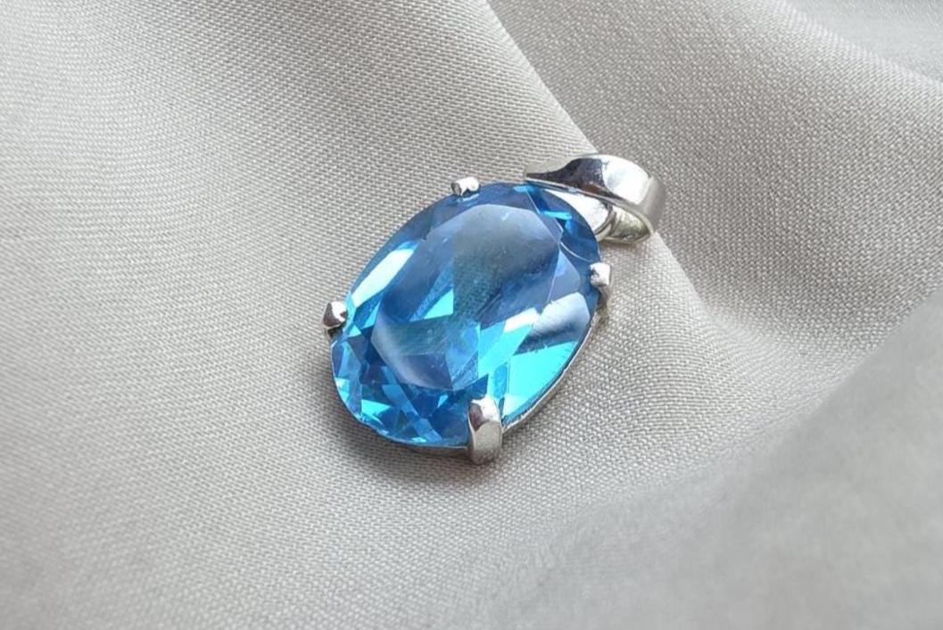 925 Sterling Silver Oval Blue Quartz Pendant, Natural Gemstone Charm, Boho Statement Jewelry